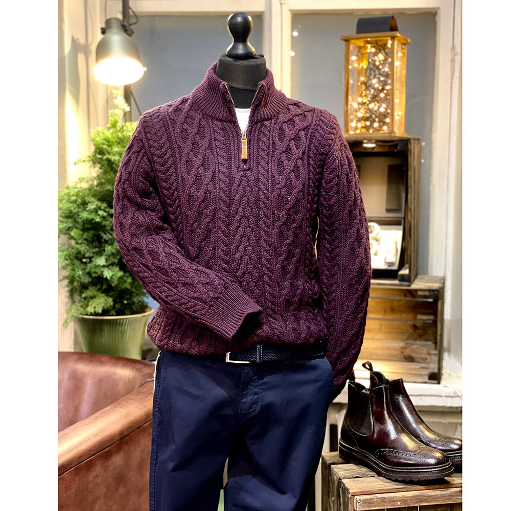 Burgundi merinovilla neulepaita vetoketjulla ⎪ Damson ⎪ Aran Crafts