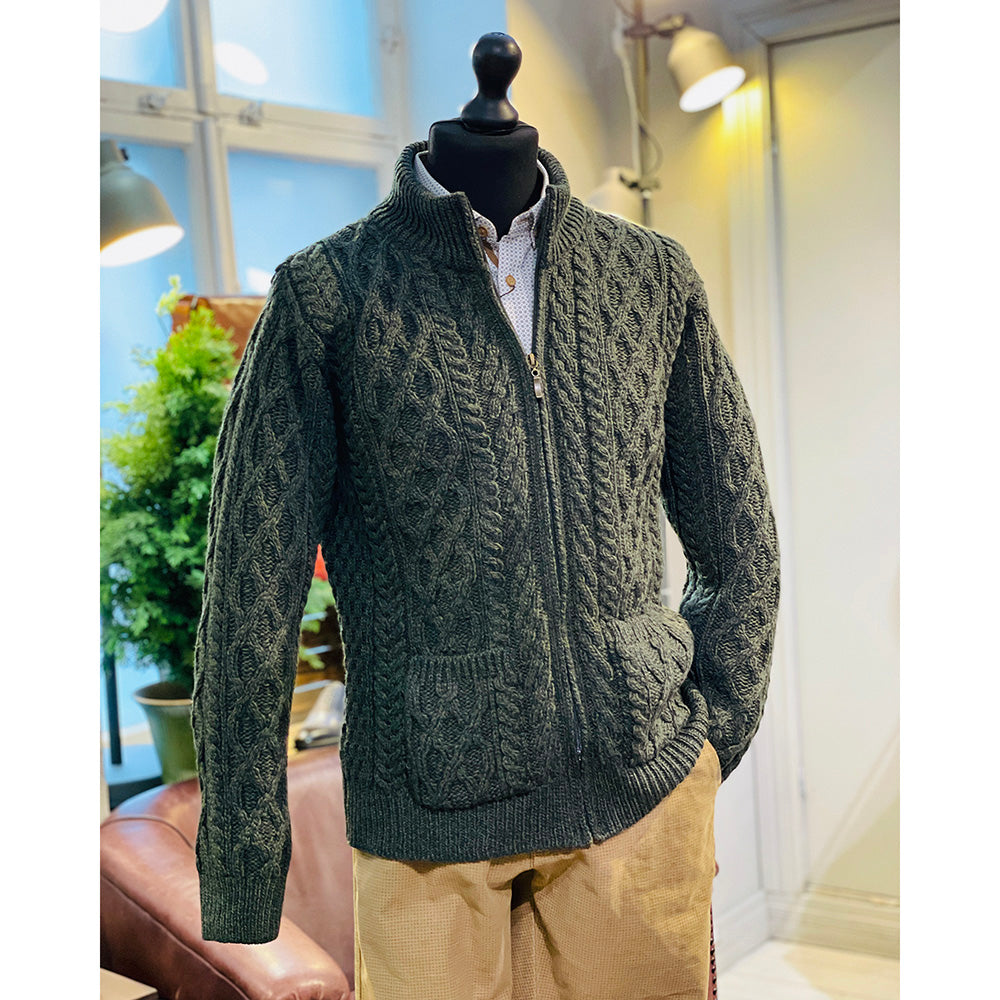 Vihreä merinovilla neuletakki ⎪ Zipper ⎪ Aran Crafts