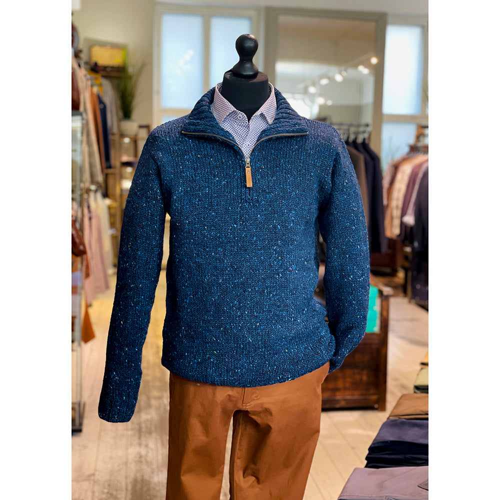 Blauer Strickpullover mit Reißverschluss ⎪ Denim ⎪ Aran Crafts