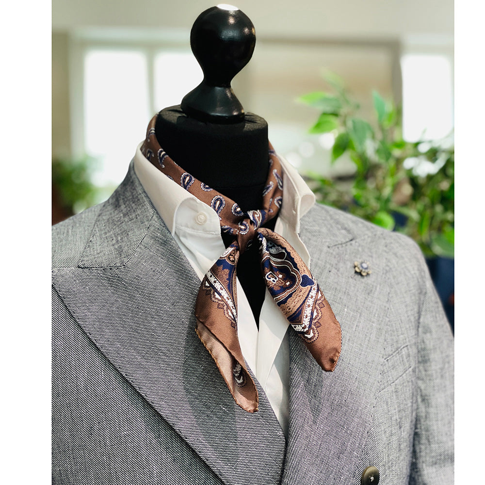 Brown / Dark Blue Silk Pocket Square ⎪ 57 x 57 ⎪ Antartide
