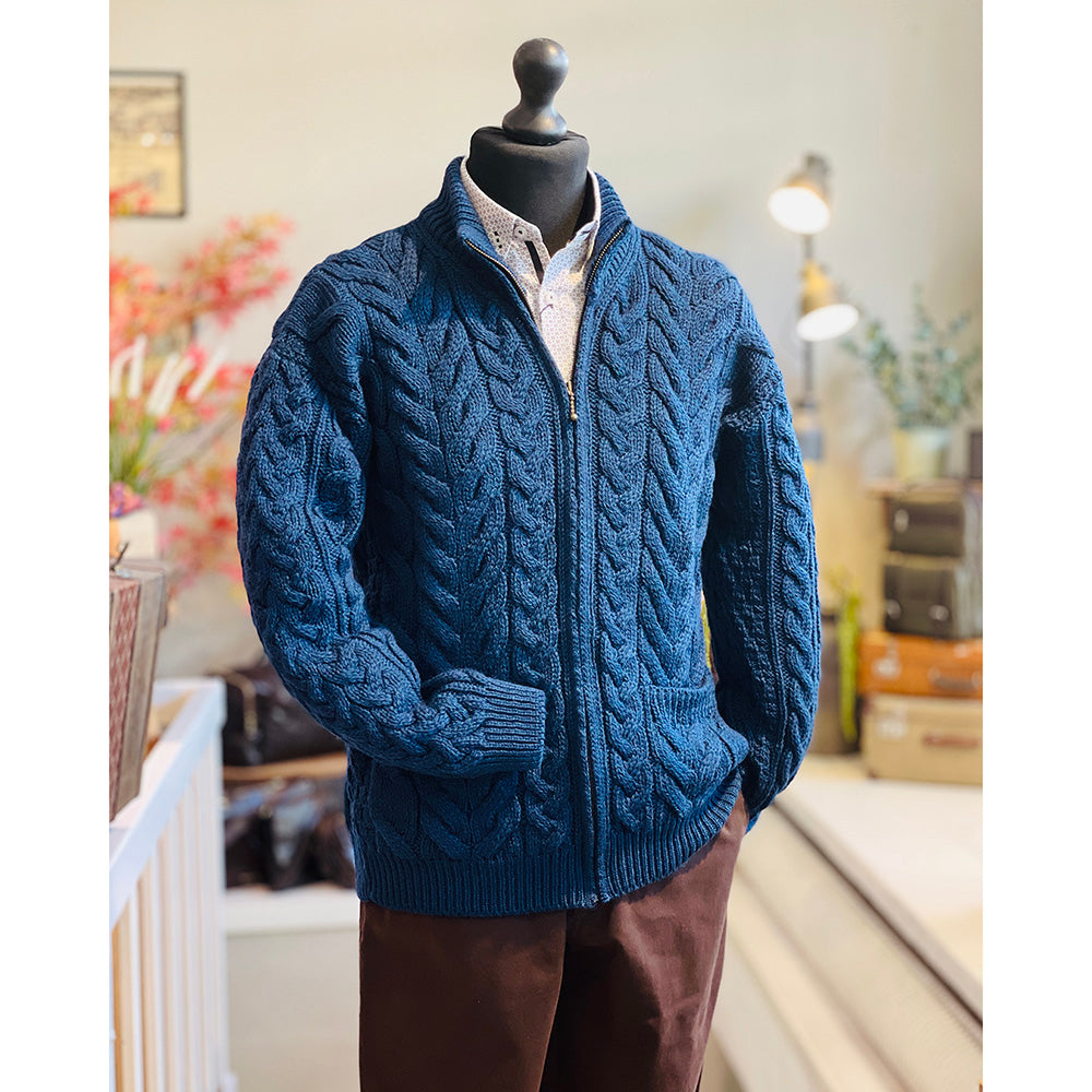 Petroolinsininen merinovilla neuletakki ⎪ Zipper ⎪ Aran Woollen Mills