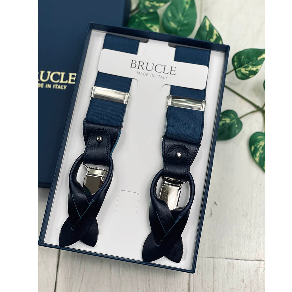 Dunkelblaue festliche Hosenträger mit glänzender Oberfläche | Brucle