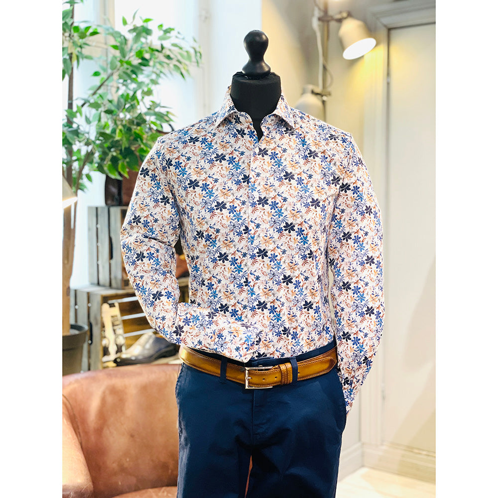 Weißes Hemd mit blauem / orangem Muster⎪ Volterra ⎪ Circus Red