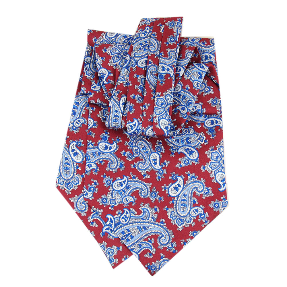 Dunkelrotes Ascot-Tuch mit blauem Paisley-Muster ⎪ Giorgio Redaelli