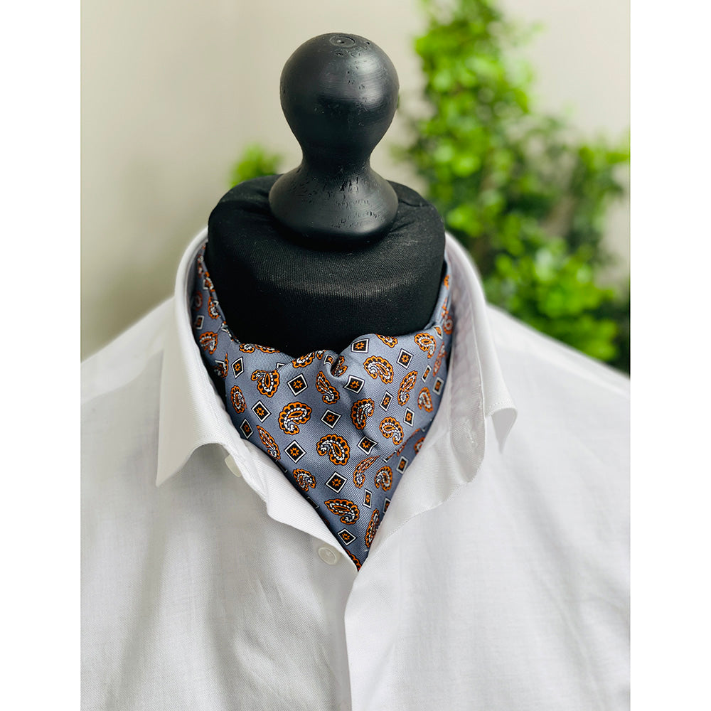 Gray ascot scarf with orange pattern⎪ Giorgio Redaelli
