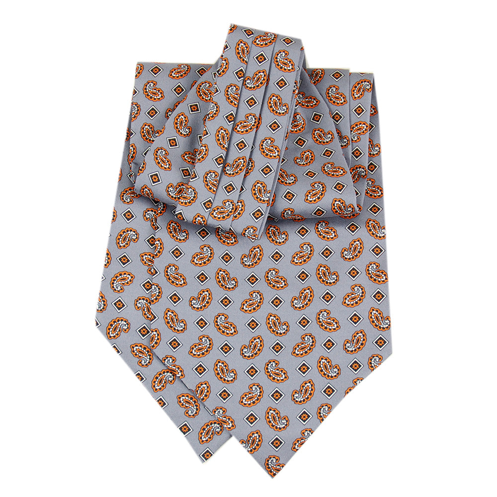 Gray ascot scarf with orange pattern⎪ Giorgio Redaelli