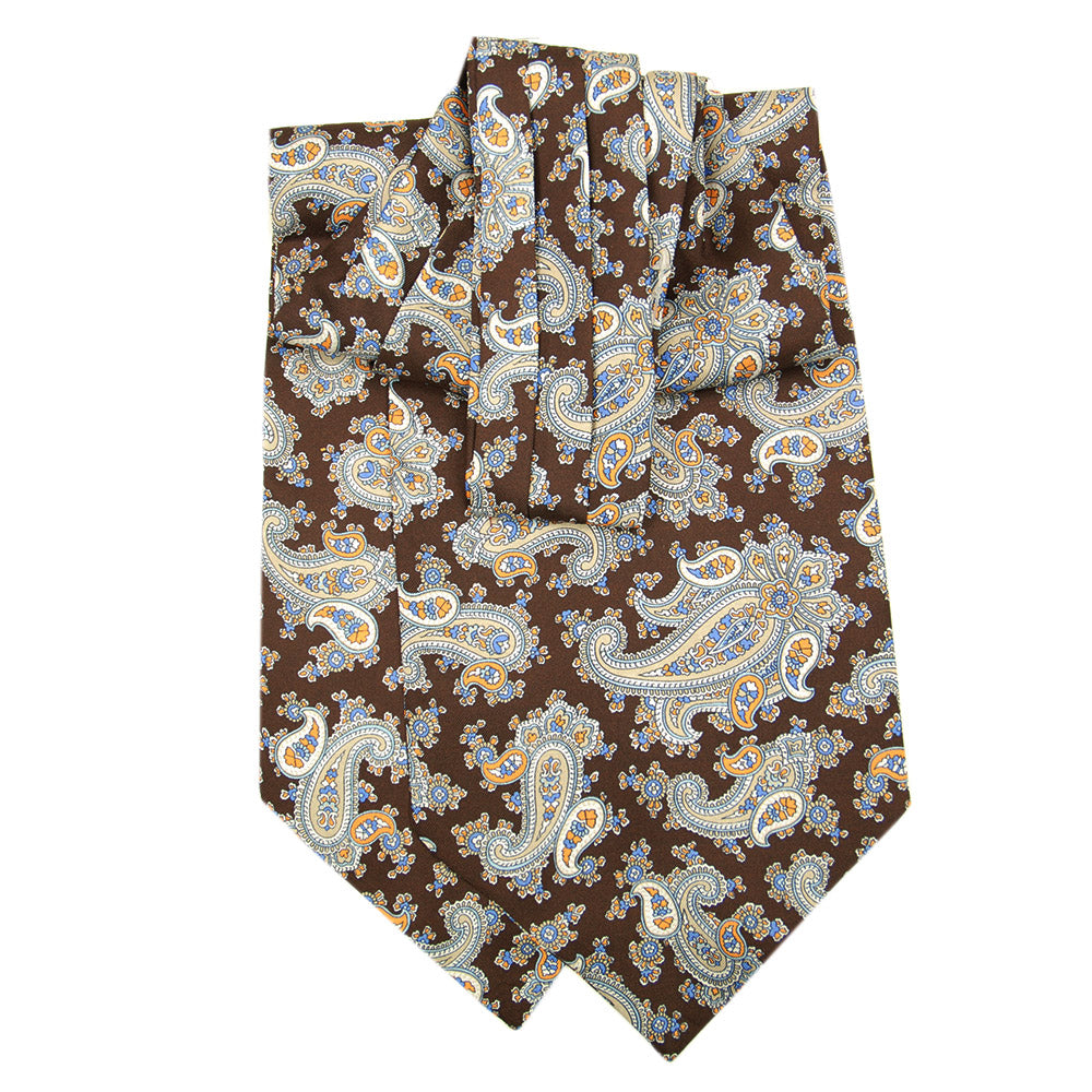 Brown paisley-patterned ascot⎪ Tailored silk scarf for the neck