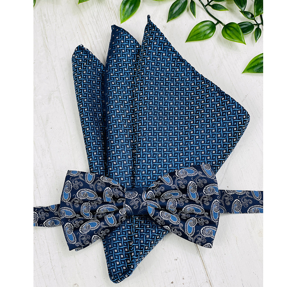 Dark blue patterned bow tie and golden pocket square set ⎪ Giorgio Redaelli
