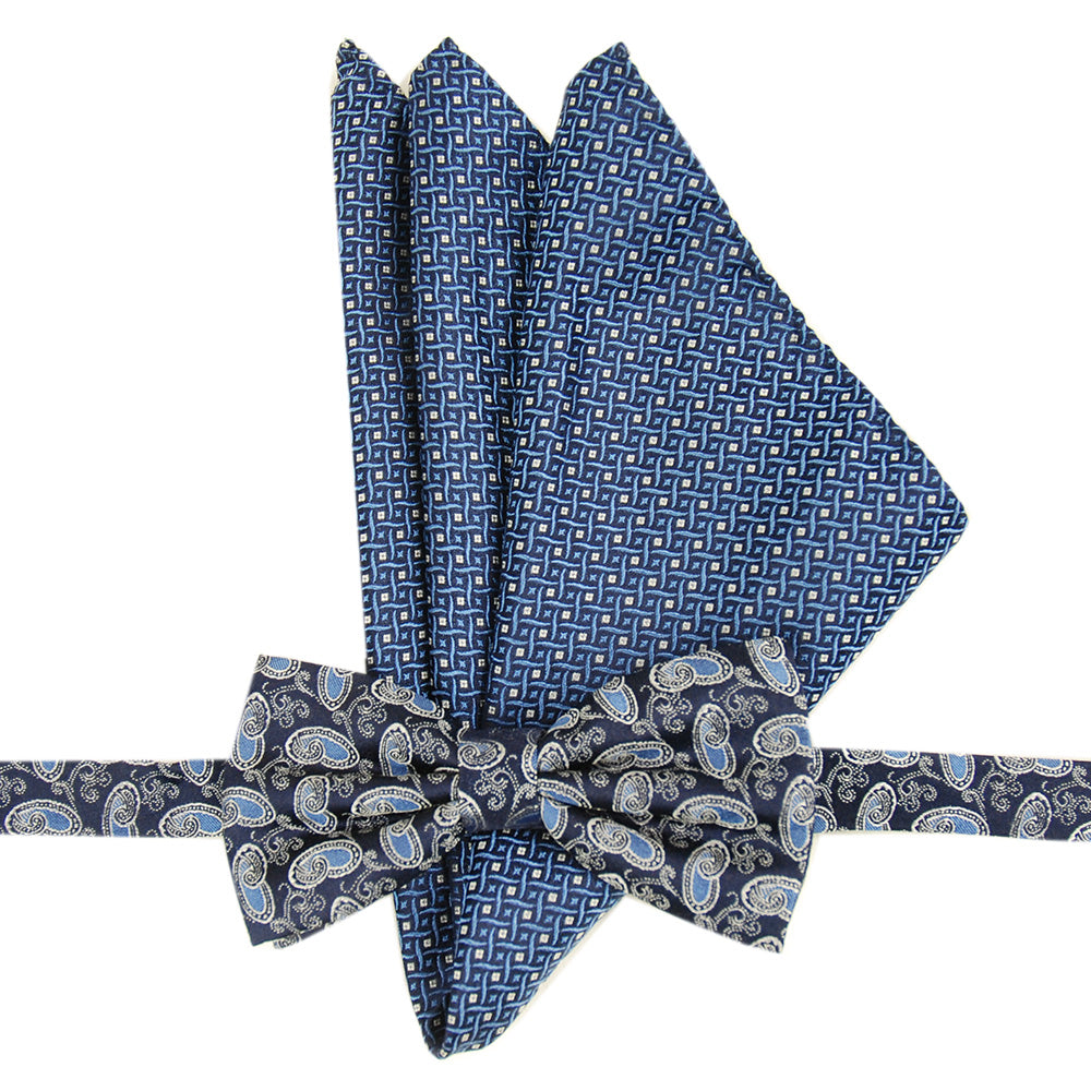 Dark blue patterned bow tie and golden pocket square set ⎪ Giorgio Redaelli