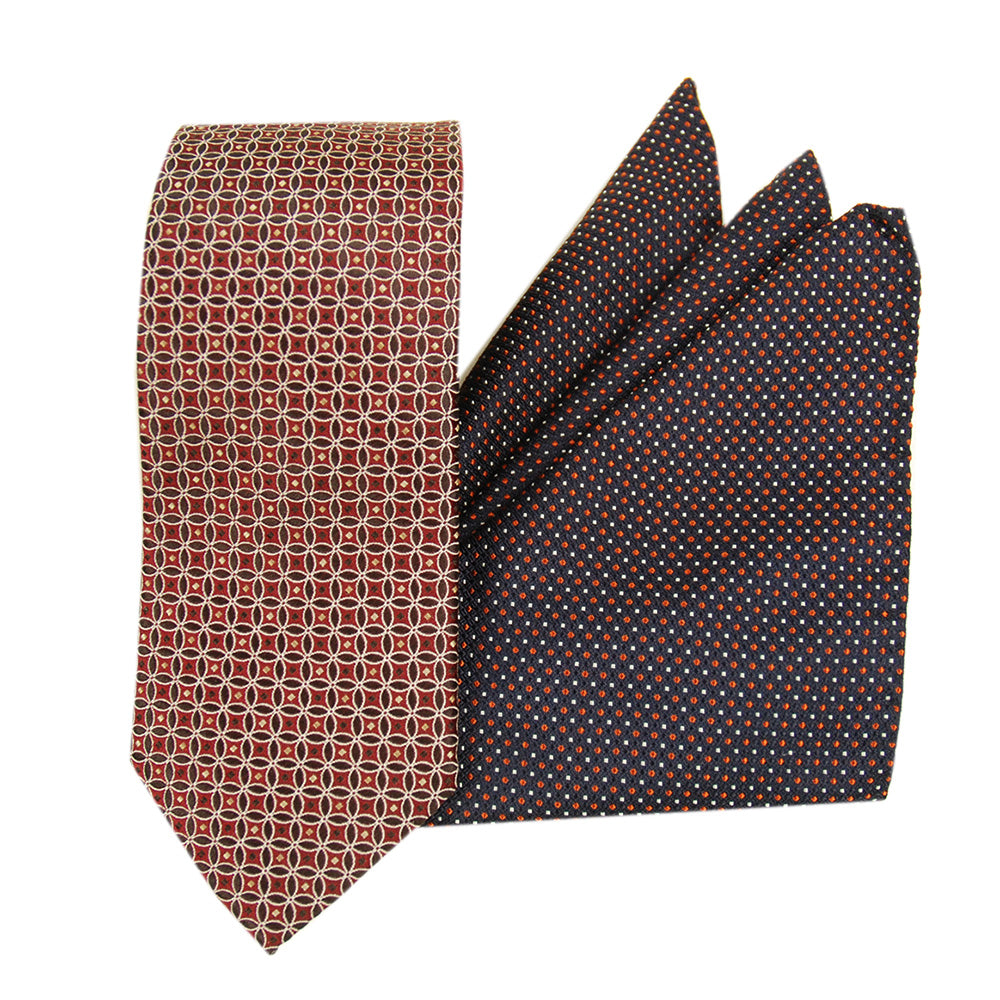 Red patterned tie and blue patterned pocket square set ⎪ Bojua