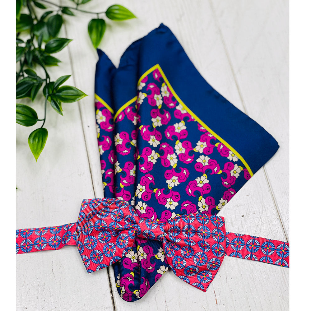 Pink bow tie and dark blue pocket square set ⎪ Bojua