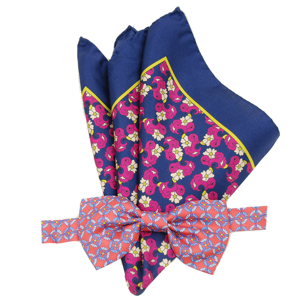 Pink bow tie and dark blue pocket square set ⎪ Bojua
