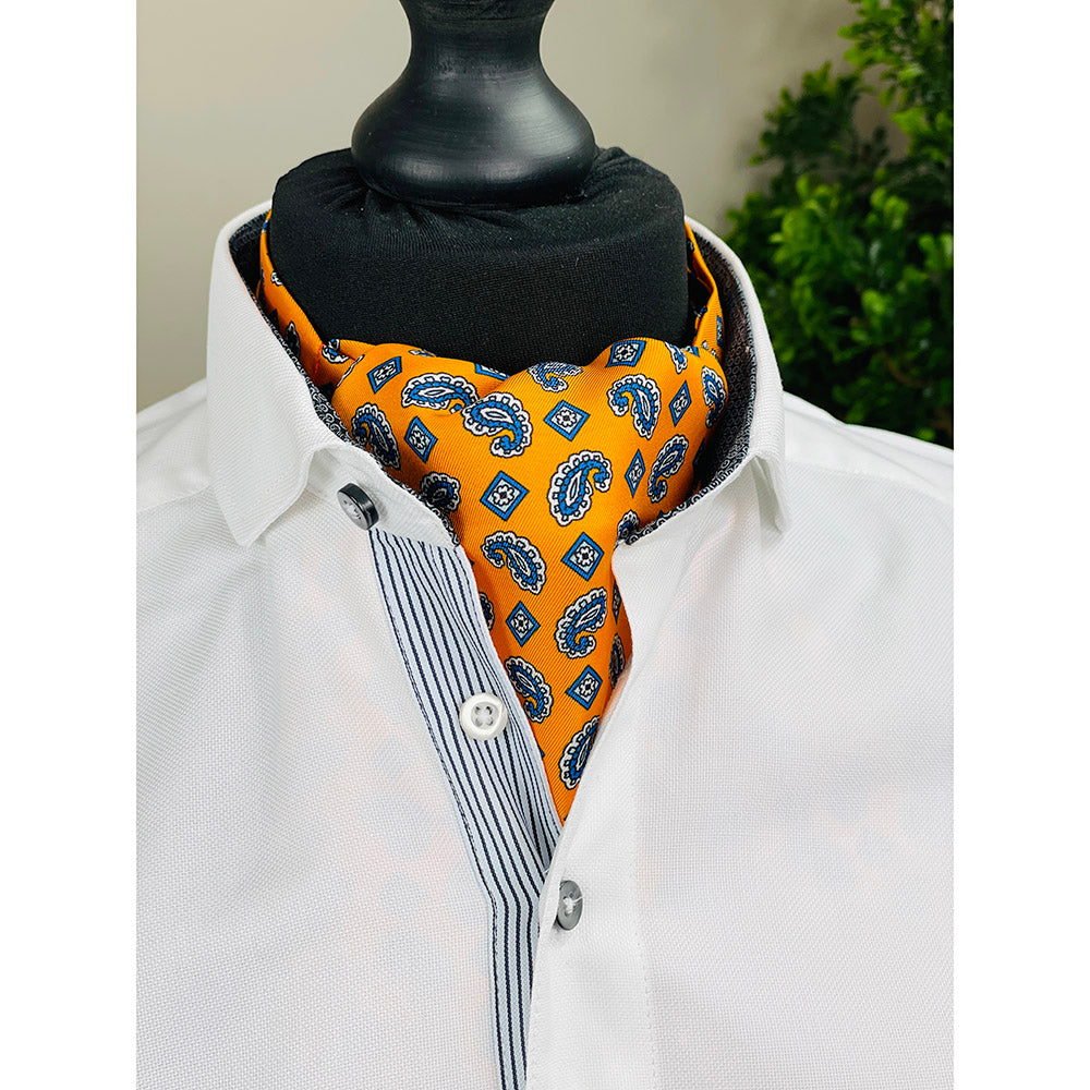 Orange ascot scarf with blue pattern ⎪ Giorgio Redaelli