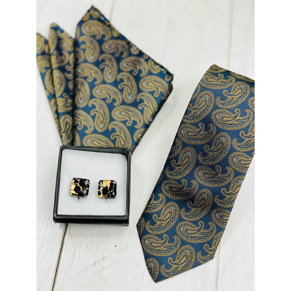 Petrolblau Seidenkrawatte mit goldenem Paisley-Muster ⎪ Giorgio Redaelli