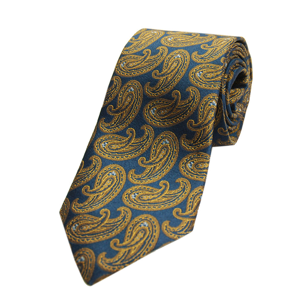 Petrolblau Seidenkrawatte mit goldenem Paisley-Muster ⎪ Giorgio Redaelli