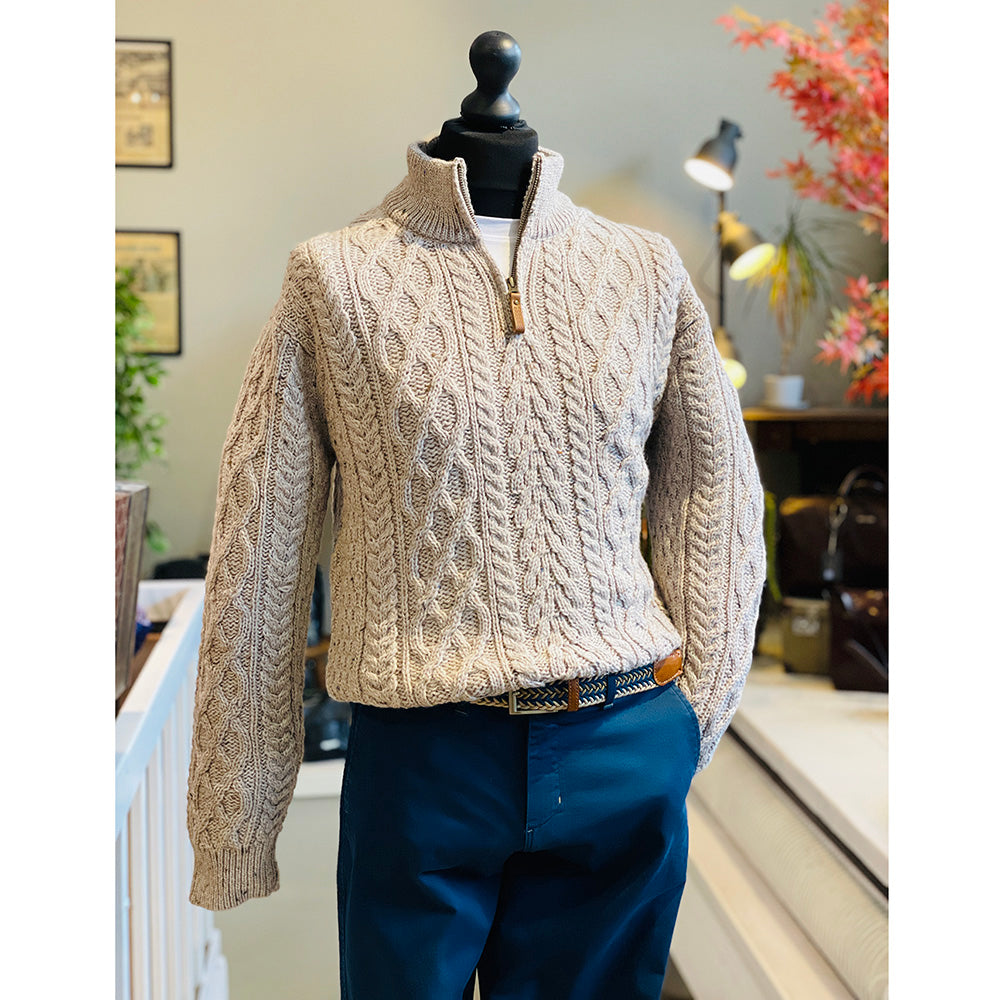 Beige merino wool sweater with zipper ⎪ Oatmeal ⎪ Aran Crafts