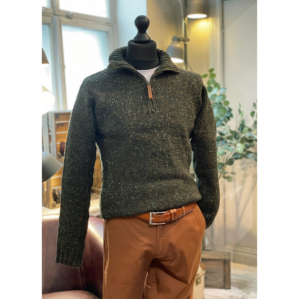 Green knit sweater with zipper ⎪ Forest ⎪ Aran Crafts