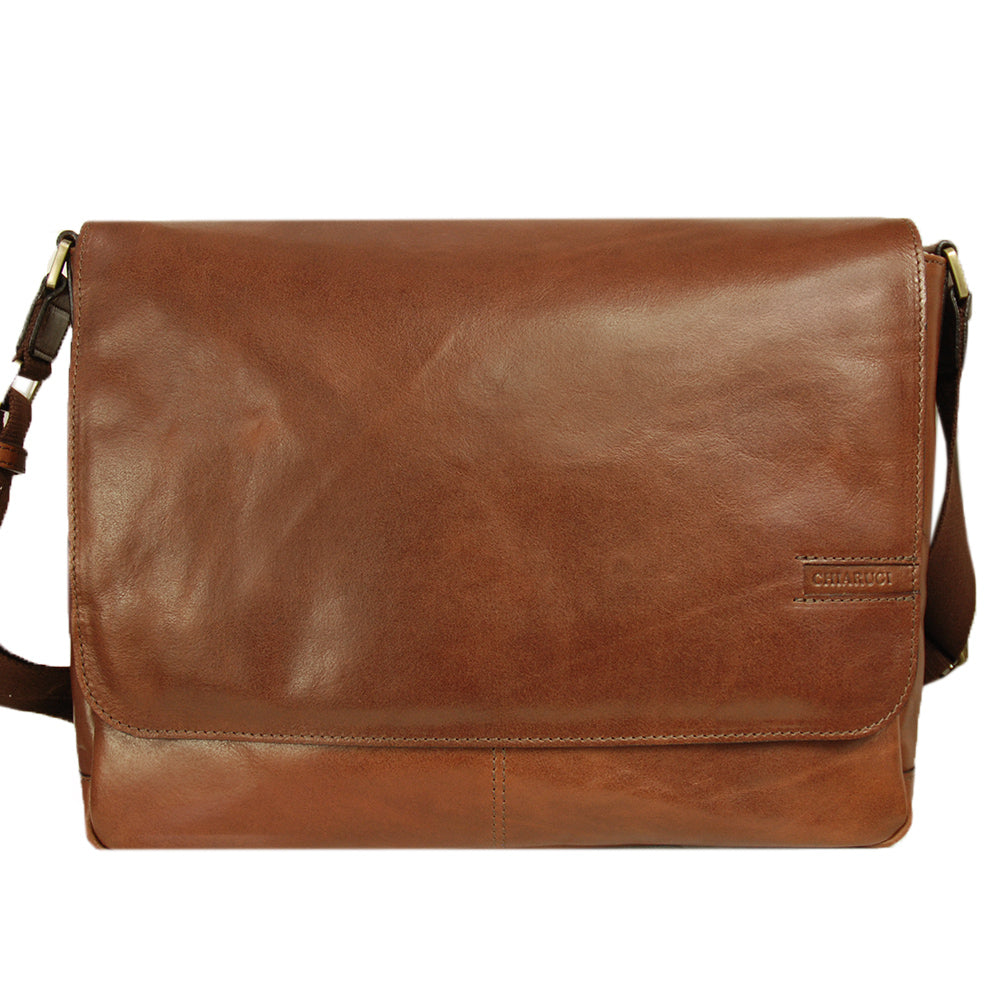 Large brown leather messenger bag 14' ⎪Chiarugi