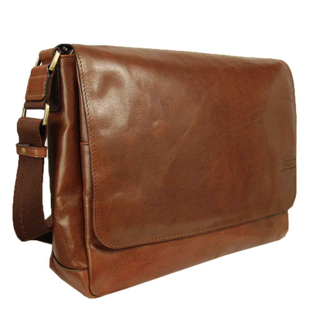 Large brown leather messenger bag 14' ⎪Chiarugi