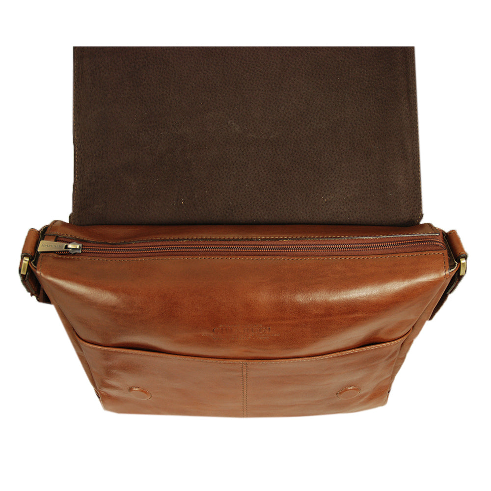 Large brown leather messenger bag 14' ⎪Chiarugi