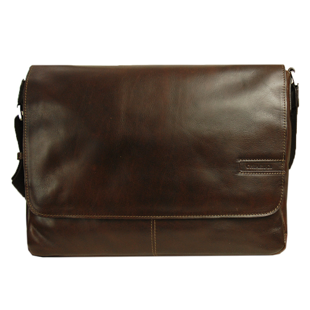 Large dark brown leather messenger bag 14' ⎪Chiarugi