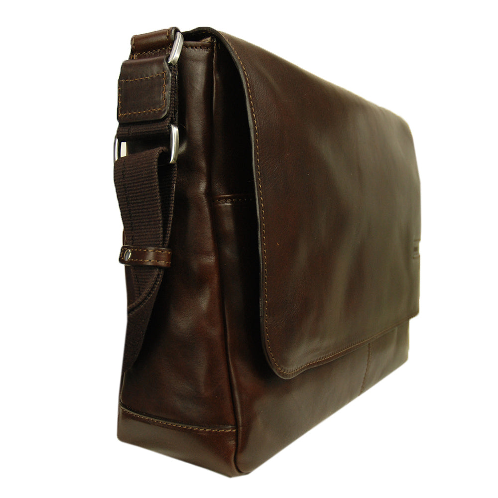 Large dark brown leather messenger bag 14' ⎪Chiarugi