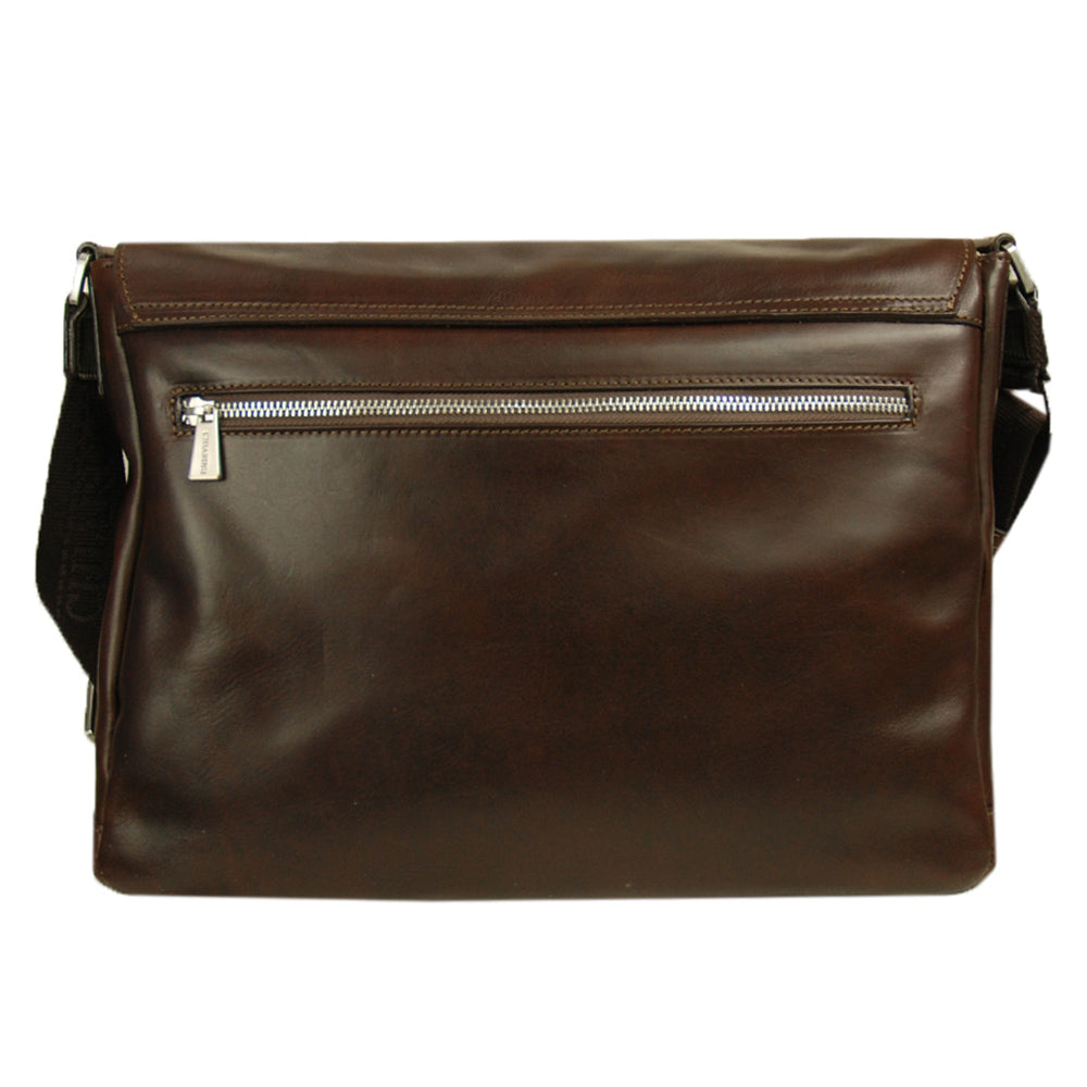 Large dark brown leather messenger bag 14' ⎪Chiarugi