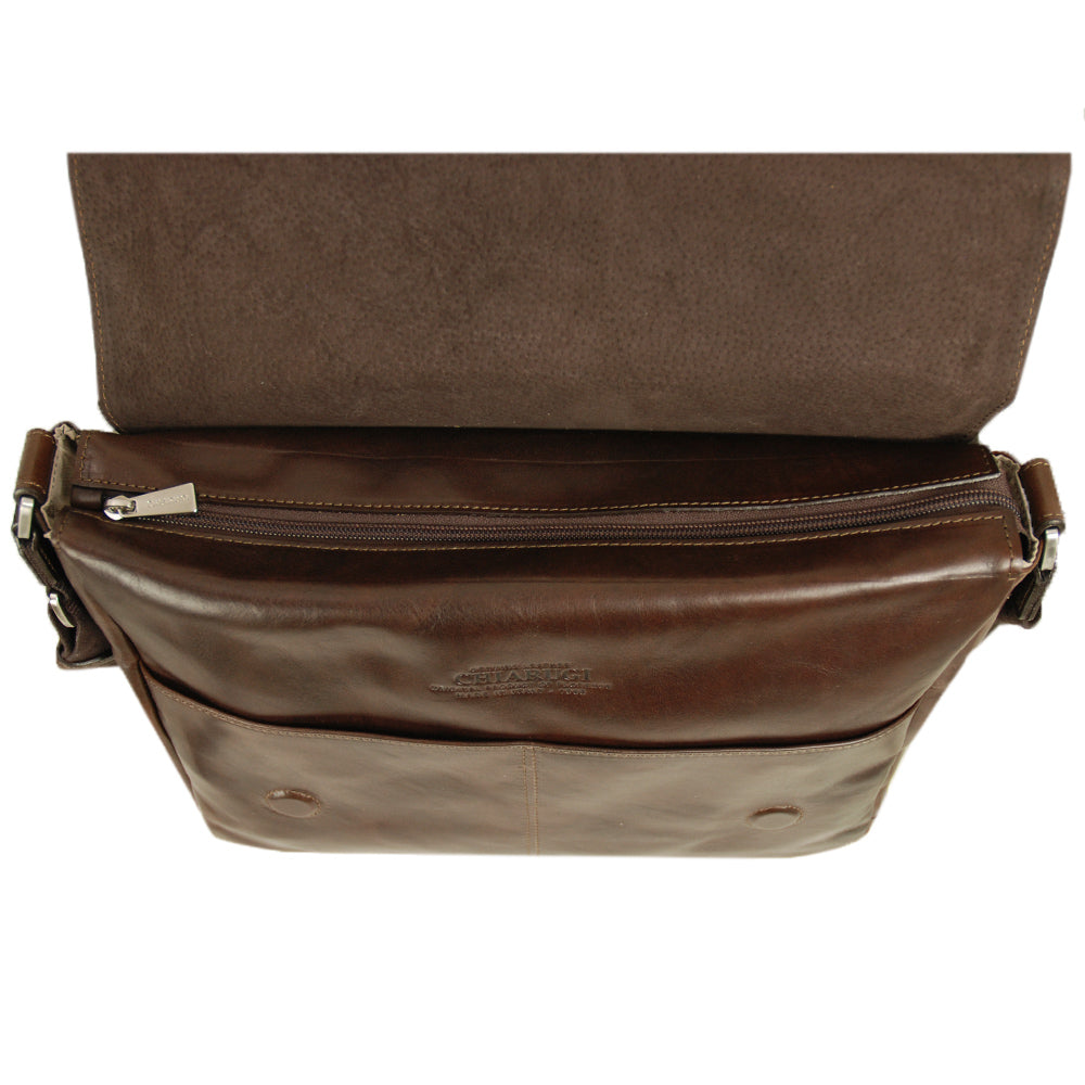 Large dark brown leather messenger bag 14' ⎪Chiarugi