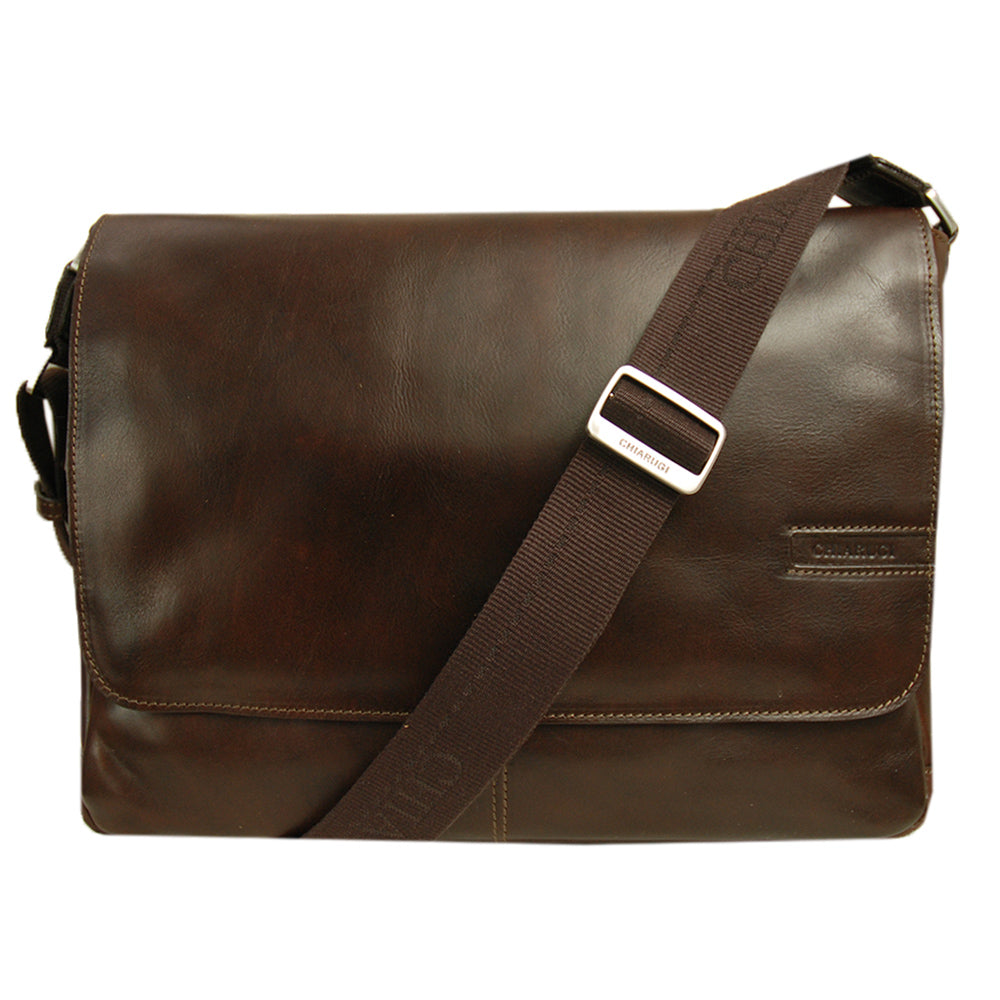 Large dark brown leather messenger bag 14' ⎪Chiarugi