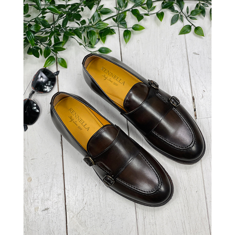 Brown leather loafers with buckles | Double Monk-Strap | Rennella