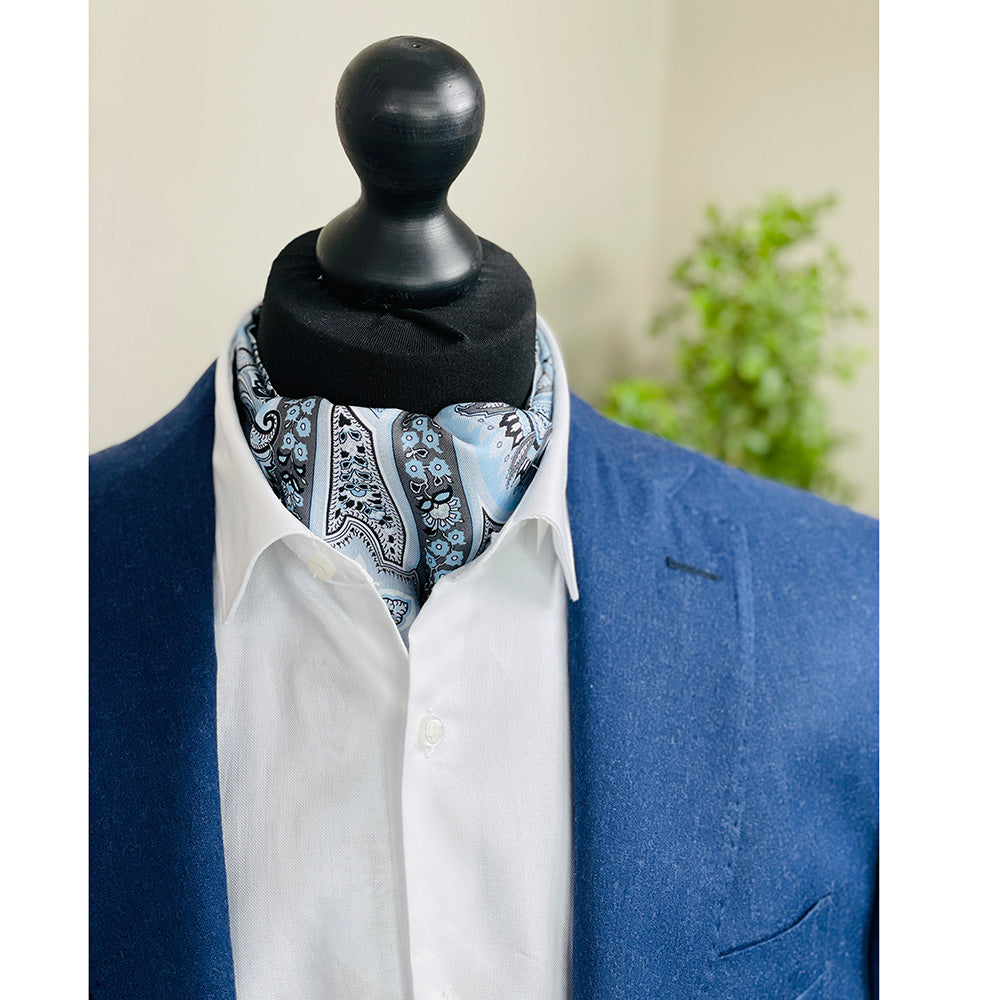 Silver gray / Light blue patterned ascot scarf⎪ Giorgio Redaelli