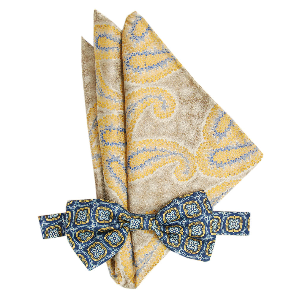 Blue bow tie & golden pocket square gift set⎪ Giorgio Redaelli