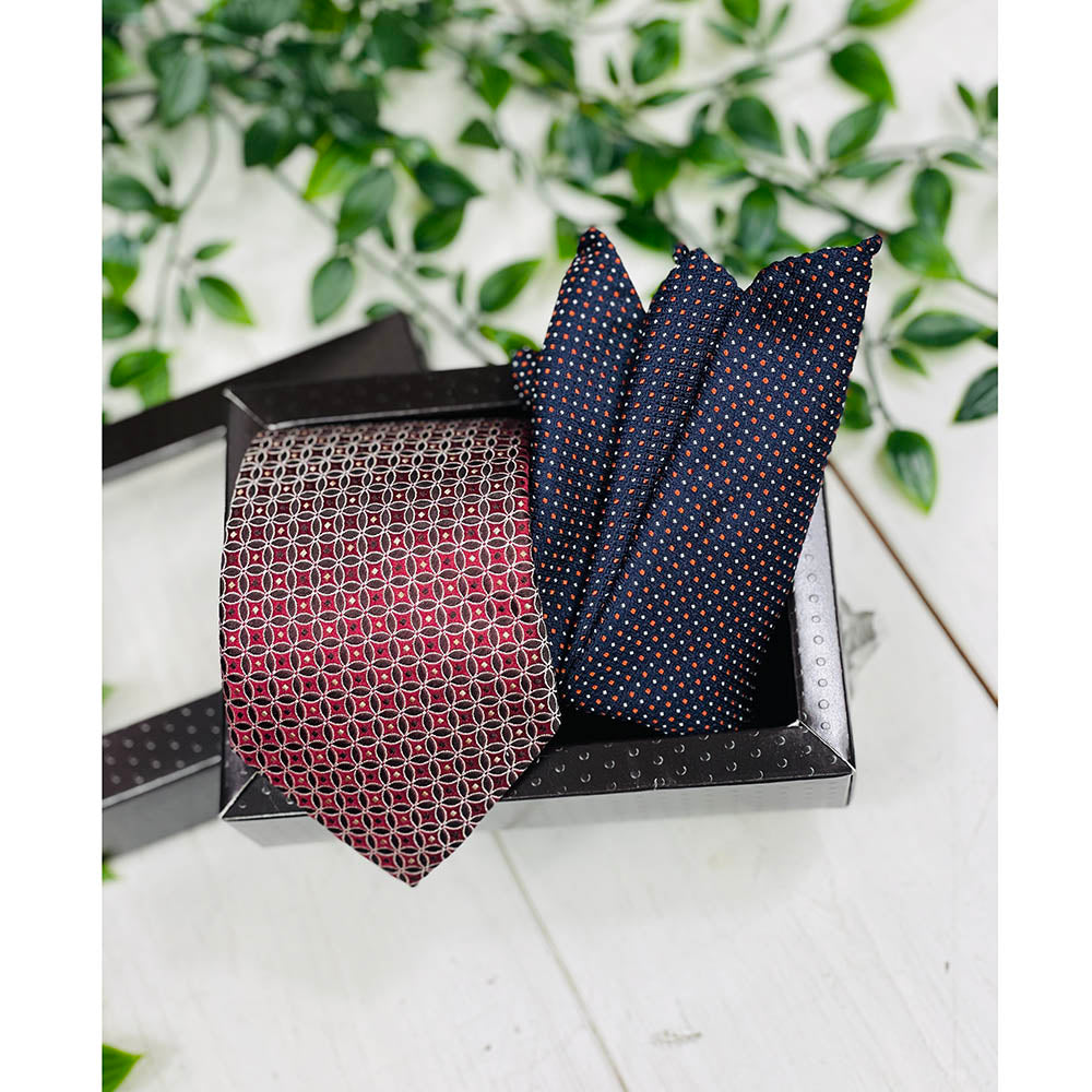 Red patterned tie and blue patterned pocket square set ⎪ Bojua