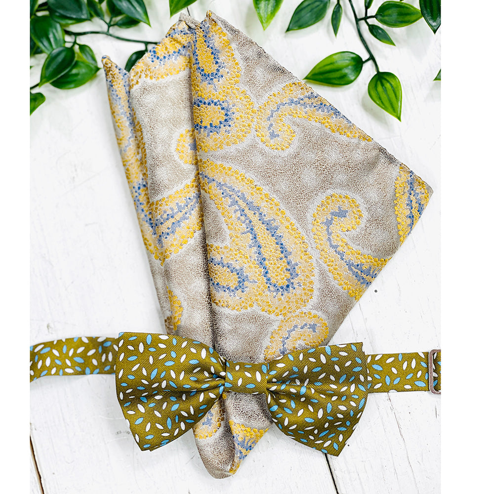 Ljusbrun mönstrad fluga och gyllene näsduk - set ⎪ Giorgio Redaelli