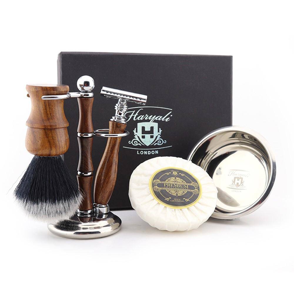 Puinen Parranajosetti ⎪  Safety Razor  -  Synteettinen White Tip Suti⎪  Haryali London