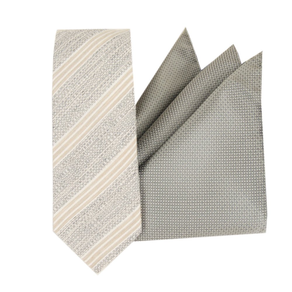 Tie and pocket square set ⎪Beige and silver ⎪ Bojua