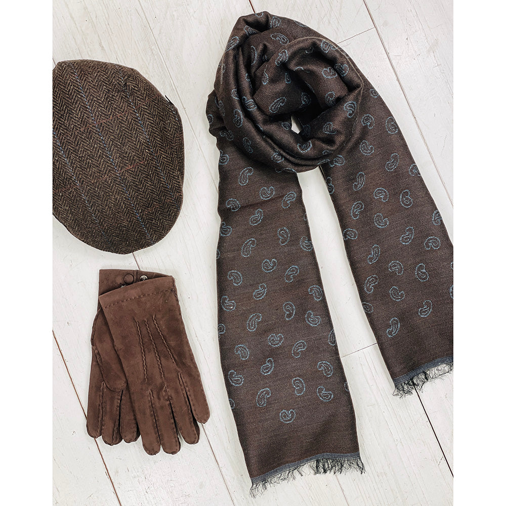 Dark brown / Light blue paisley pattern scarf⎪ Bojua