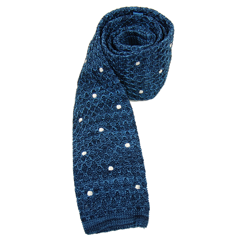 Exibit knitted tie with blue polka dots