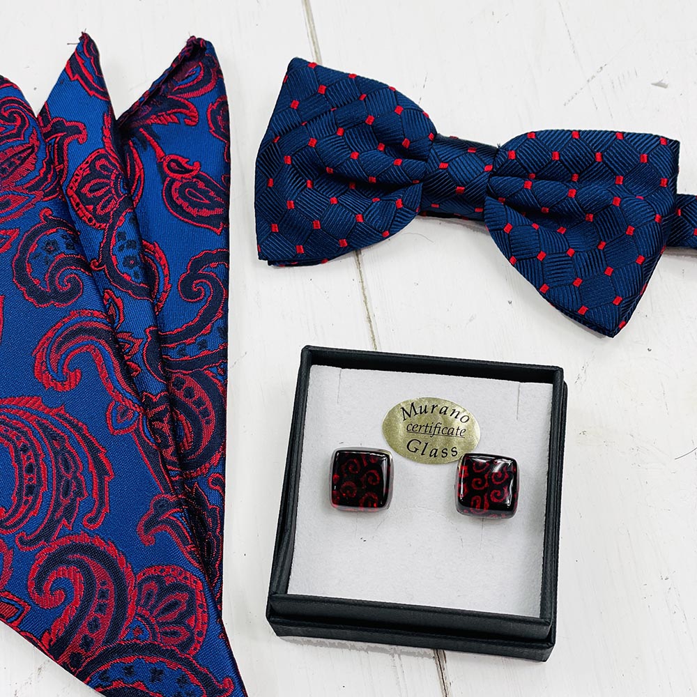 Dark blue silk bow tie with a red pattern⎪ Giorgio Redaelli